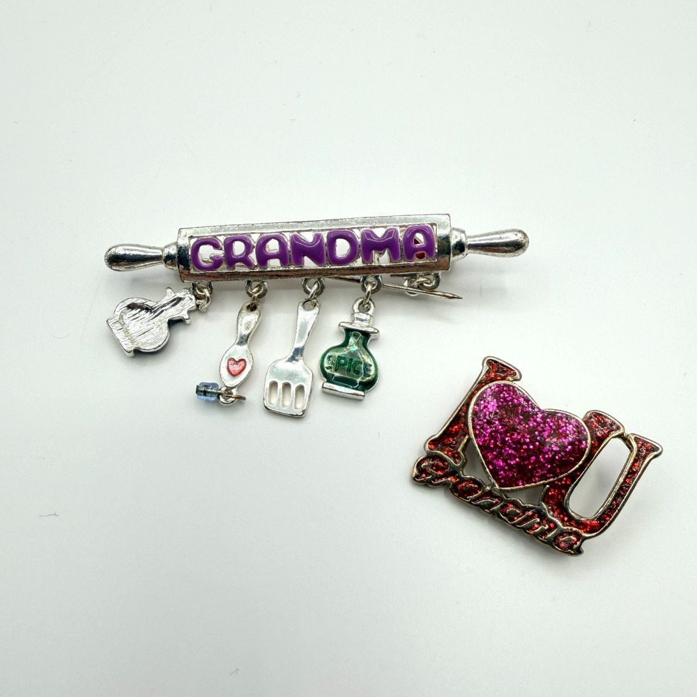 Vintage Silver Tone Grandma Brooch Pin Lot 2pc Kitchen Love Charms